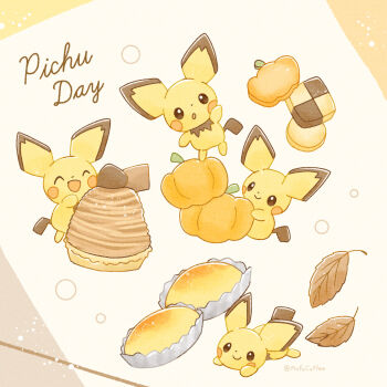 Rule 34 | :d, ^ ^, absurdres, artist name, black eyes, bright pupils, brown background, character name, checkerboard cookie, closed eyes, closed mouth, commentary request, cookie, food, full body, gen 2 pokemon, highres, holding, holding food, leaf, lying, mofucoffee, mont blanc (food), nintendo, no humans, on stomach, open mouth, pastry, pichu, pokemon, pokemon (creature), pumpkin, simple background, smile, sweet potato cake, twitter username, white background, white pupils