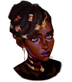 1girl absurdres arcane:_league_of_legends artist_name brown_hair closed_mouth commentary dark-skinned_female dark_skin dreadlocks earrings english_commentary eyeshadow glitter glitter_makeup gold_tattoo green_eyes hair_ornament head_only highres jewelry league_of_legends looking_up makeup mel_(league_of_legends) mole mole_under_eye purple_eyeshadow purple_lips rimari_(rimri4mm) shade simple_background solo upper_body very_dark_skin white_background