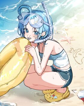 1girl ahoge arahashi_tabi beach blue_eyes blue_hair breasts camisole commentary crocs dandandanholo day dolphin_shorts drawing_(object) forehead full_body goggles goggles_on_head grey_shorts hair_ornament hairclip inflating innertube looking_at_viewer looking_to_the_side midriff navel outdoors pungdangi_(arahashi_tabi) sand shoes short_hair short_shorts shorts snorkel solo squatting starfish stellive sweat swim_ring symbol-only_commentary virtual_youtuber water white_camisole yellow_shoes