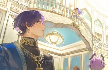 Rule 34 | 1girl, 3boys, against railing, alternate costume, black hair, black horns, black shirt, blank eyes, blue necktie, blunt bangs, blunt ends, brown hair, candle, candlestand, chandelier, collared shirt, colored inner hair, contemporary, dragon horns, dress, dress shirt, durin (genshin impact), earrings, eyelashes, eyeliner, flower, formal clothes, frilled dress, frills, genshin impact, gold earrings, grey jacket, hair flower, hair ornament, happy, highres, horns, indoors, jacket, jewelry, jlypih, lapels, long hair, looking at another, looking down, looking up, magatama, makeup, mandarin collar, multicolored hair, multiple boys, necktie, oc x canon, open hands, open mouth, original, outstretched arms, plant, purple eyes, purple hair, purple horns, railing, red eyeliner, red hair, scaramouche (genshin impact), shirt, short sleeves, streaked hair, suit jacket, twitter username, two-sided horns, undershirt, white dress, white flower, white hair, white mouth, white shirt, white sleeves, wing collar