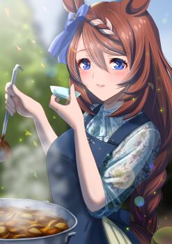 Rule 34 | 1girl, animal ears, apron, blue apron, blue bow, blue eyes, blush, bow, braid, breasts, brown hair, commentary request, cooking pot, dated commentary, ear bow, hair between eyes, highres, holding, horse ears, horse girl, horse tail, ladle, large breasts, long hair, multicolored hair, open mouth, otono (bkt4b), parted lips, shirt, skirt, smile, solo, stew, streaked hair, super creek (umamusume), tail, umamusume, very long hair, white hair
