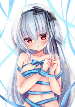 Rule 34 | 1girl, absurdres, backlighting, black bow, black hairband, black ribbon, blue bow, blue ribbon, blush, bound, bound wrists, bow, breasts, chestnut mouth, clenched hands, collarbone, commentary, eyes visible through hair, grey hair, hair between eyes, hair bow, hair ribbon, hairband, hands up, highres, light particles, long hair, long ribbon, looking at viewer, medium breasts, naked ribbon, narumi toa, navel, nekota min, open mouth, red eyes, ribbon, sidelocks, simple background, solo, sparkle, straight hair, sweat, upper body, very long hair, wagamama high spec, white background