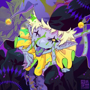 1boy ben-day_dots black_sclera black_shirt blonde_hair chromatic_aberration claws clown colored_sclera colored_skin colored_tongue deltarune fangs grey_skin hat highres humanization jester jester_cap jevil long_sleeves neck_ruff paint_splatter pointy_ears scar_across_eyes screentones shirt short_hair solo solo_focus spade_(shape) tongue tongue_out utdr_(toby_fox) watermark yellow_eyes yokaze_(xxxdisxxx)