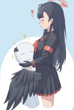 1boy 1girl ^_^ absurdres black_gloves black_hair black_sailor_collar black_serafuku black_skirt black_wings blue_archive blue_background closed_eyes closed_mouth commentary cropped_legs from_side gloves hair_ornament hairclip halo heart hetero highres ichika_(blue_archive) long_hair long_sleeves low_wings neckerchief parallel_hairclips pleated_skirt profile red_halo red_neckerchief sailor_collar school_uniform serafuku skirt smile two-tone_background vulphree white_background wings