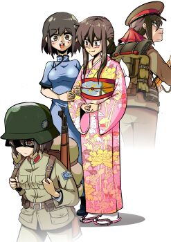Rule 34 | 2girls, :d, absurdres, backpack, bag, bolt action, brown eyes, brown hair, china dress, chinese clothes, closed mouth, combat helmet, commentary request, dayue, dress, floral print, floral print kimono, gun, hair bun, helmet, highres, japanese clothes, kimono, kuomintang, long sleeves, mauser 98, military, military uniform, multiple girls, multiple views, national revolutionary army, open mouth, original, pink kimono, print kimono, rifle, sandals, second sino-japanese war, short hair, simple background, smile, stahlhelm, tabi, taiwan, weapon, white background, zouri
