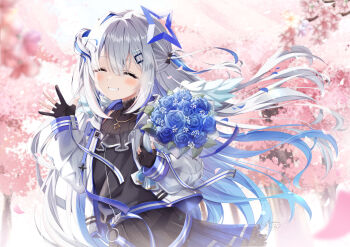 1girl absurdres amane_kanata amane_kanata_(work) asymmetrical_legwear belt black_dress black_gloves black_skirt blue_belt blue_flower blue_hair blue_rose blue_skirt blush bouquet colored_inner_hair commentary_request dress flower gloves gradient_clothes gradient_skirt gradient_wings grey_hair hair_between_eyes hair_ornament hairclip halo high_collar highres holding holding_bouquet hololive jacket jewelry long_hair long_sleeves low_twintails multicolored_hair multicolored_wings necklace official_alternate_costume official_alternate_hair_length official_alternate_hairstyle partially_fingerless_gloves pleated_skirt rose single_hair_intake skirt solo star_(symbol) star_halo star_necklace streaked_hair teeth twintails uneven_legwear variant_set virtual_youtuber white_jacket white_wings wings yukikawa_sara