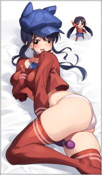 Rule 34 | 2girls, anger vein, animal ear headwear, animal ears, ass, blue eyes, blue hair, blue hat, blue skirt, blush, breasts, newsboy cap, chibi, chibi mita (miside), cool mita (miside), dildo, dress, fake animal ears, hair ornament, hairband, hairclip, hat, highres, hitachi magic wand, holding, holding sex toy, kei (soundcross), long hair, long sleeves, looking at viewer, miside, mita (miside), multiple girls, no pants, panties, red hairband, red shirt, red thighhighs, sex toy, shirt, short hair, skirt, smile, tattoo, teardrop facial mark, teardrop tattoo, thick thighs, thighhighs, thighs, twintails, underwear, vibrator, white panties