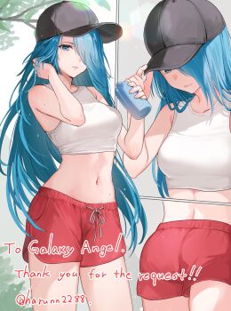 1girl absurdres ass bare_arms bare_shoulders baseball_cap blue_hair breasts commission crop_top fire_emblem fire_emblem:_path_of_radiance hair_over_one_eye haru_(nakajou-28) hat highres holding_water large_breasts long_hair looking_at_viewer lucia_(fire_emblem) multiple_views navel nintendo red_shorts second-party_source shorts solo sweat