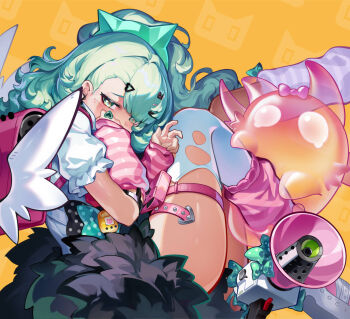 Rule 34 | 1girl, arm warmers, black skirt, commentary, covering own mouth, green eyes, green hair, long hair, looking at viewer, megaphone, pink bag, qian fan kui, shirt, short sleeves, shy, simple background, skirt, solo, striped arm warmers, sunna (zenless zone zero), tamagotchi (virtual pet), thighhighs, torn clothes, torn thighhighs, v, virtual pet (toy), white shirt, white thighhighs, white wings, winged bag, wings, yellow background, zenless zone zero