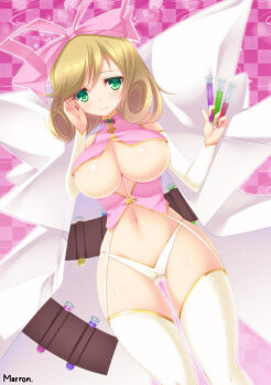 1girl amamiya_marron areola_slip breasts brown_hair coat crop_top elbow_gloves gloves green_eyes hair_ribbon haruka_(senran_kagura) large_breasts medium_hair pink_background ribbon senran_kagura test_tube thighhighs thong underboob wide_sleeves
