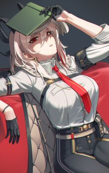 1girl absurdres arm_pouch armband bags_under_eyes black_armband black_gloves black_horns black_jacket black_pants book breasts button_gap chest_harness closed_mouth collared_shirt commentary curled_horns earrings gloves grey_hair hair_between_eyes harness hashtag-only_commentary high-waist_pants highres holding holding_book horns jacket jacket_on_shoulders jewelry key_earrings large_breasts long_hair looking_at_viewer mole mole_under_eye necktie pants pouch red_eyes red_necktie shade shirt shirt_tucked_in sitting snowater solo white_shirt wuthering_waves zani_(wuthering_waves)