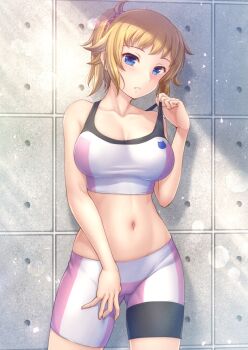 1girl blonde_hair blue_eyes blush breasts cleavage gluteal_fold gundam gundam_build_fighters gundam_build_fighters_try hair_ornament hair_scrunchie hoshino_fumina large_breasts looking_at_viewer parted_lips ponytail ryu-akt scrunchie shorts solo sports_bra
