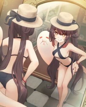 1girl ass bikini black_bikini black_bra black_nails black_panties black_ribbon boo_tao_(genshin_impact) bra bracelet breasts brown_hair fitting_room genshin_impact ghost hat hu_tao_(genshin_impact) jewelry long_hair mirror non-web_source panties red_eyes ribbon smile straw_hat swimsuit underwear