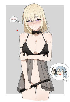 2girls absurdres armlet bang_dream! bang_dream!_it's_mygo!!!!! black_bra black_choker black_panties blonde_hair blush bra breasts chinese_commentary choker closed_mouth commentary_request ear_blush embarrassed grey_background haizou_bingsan highres implied_yuri jewelry large_breasts lingerie medium_hair misumi_uika multiple_girls navel negligee panties panty_pull purple_eyes simple_background stomach sweat thumbs_up togawa_sakiko underwear