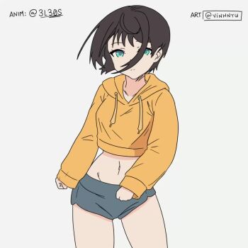 1girl :| alternate_costume animated aqua_eyes artist_name black_hair black_shorts blue_shorts closed_mouth collarbone cowboy_shot crop_top cropped_hoodie dancing derivative_work dolphin_shorts drawstring eleos expressionless grey_background groin highres hololive hood hood_down hoodie long_sleeves looking_at_viewer looping_animation meme midriff navel oozora_subaru pumpkin_dance_(meme) short_hair short_shorts shorts simple_background solo standing swept_bangs tagme thigh_gap twitter_username video vinhnyu virtual_youtuber yellow_hoodie
