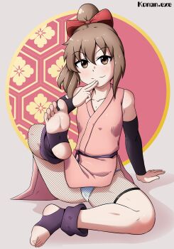1girl arm_support artist_name black_pantyhose black_sleeves bow brown_eyes brown_hair closed_mouth collarbone detached_sleeves female_focus finger_to_own_chin fishnet_pantyhose fishnets flat_chest foot_focus full_body fundoshi grey_background hair_bow hand_up hinagiku_(kunoichi_tsubaki_no_mune_no_uchi) japanese_clothes kimono konan_exe kunoichi_tsubaki_no_mune_no_uchi leaning_back leg_up loli long_hair looking_at_viewer matching_hair/eyes naughty_face pantyhose pink_background pink_kimono ponytail purple_socks red_bow simple_background sitting sleeveless sleeveless_kimono smile socks solo stirrup_legwear toeless_legwear toes yellow_background