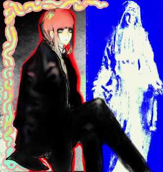 Rule 34 | 1girl, black coat, black pants, blunt bangs, chainsaw man, coat, cowboy shot, crossed legs, highres, idmiydoa, makima (chainsaw man), orange hair, pants, ringed eyes, shirt, sidelocks, solo, white shirt