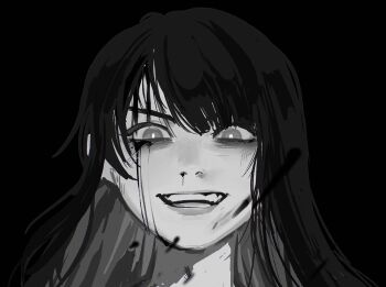 Rule 34 | 1girl, black background, blood, blood on face, blunt bangs, bucumberr, commentary, english commentary, evil smile, genshin impact, greyscale, highres, long hair, looking at viewer, mole, mole under eye, monochrome, open mouth, raiden shogun, shade, smile, solo, teeth, upper body
