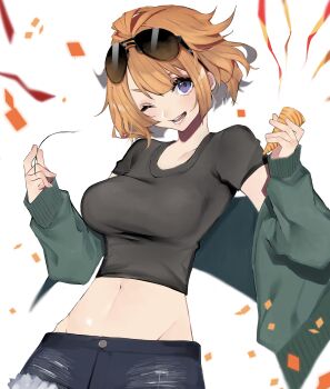 1girl ;d absurdres aviator_sunglasses black_shirt blush breasts brown_hair collarbone commentary_request commission cowboy_shot crop_top cutoffs denim denim_shorts eyebrows_hidden_by_hair eyewear_on_head girls&#039;_frontline green_jacket grizzly_mkv_(girls&#039;_frontline) groin hair_between_eyes highres holding holding_party_popper holding_string jacket large_breasts looking_at_viewer midriff navel off_shoulder one_eye_closed open_mouth party_popper purple_eyes shirt short_hair short_sleeves shorts simple_background skeb_commission smile solo standing string sunglasses taut_clothes taut_shirt teeth tsunami_samemaru white_background