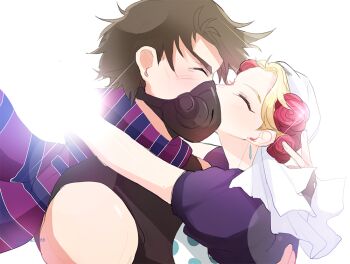 1boy 1girl 66_gousen battle_tendency blonde_hair blush brown_hair closed_eyes dress jojo_no_kimyou_na_bouken joseph_joestar joseph_joestar_(young) scarf short_hair suzi_q