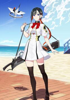 1girl arm_at_side beach black_hair blue_eyes blue_sky bow bowtie bracelet breasts brown_shoes brown_thighhighs closed_mouth cloud contrapposto day dress fate/grand_order fate_(series) feet_out_of_frame game_cg hair_ornament high_collar holding_strap jeunesse_crane_(fate) jeunesse_crane_(second_ascension)_(fate) jewelry long_hair looking_at_viewer low_ponytail medium_dress miss_crane_(fate) multicolored_hair ocean official_art origami outdoors paper_crane ponytail red_bow red_bowtie shaka_p shoes short_sleeves sky smile solo streaked_hair thighhighs third-party_source two-tone_hair variant_set weapon white_dress zettai_ryouiki