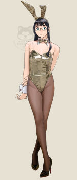 1girl absurdres alternate_costume animal_ear_hairband animal_ears black_hair black_pantyhose black_shoes bow bowtie detached_collar fake_animal_ears glasses gold_bowtie gold_leotard green_eyes grey_background hairband high_heels highres kantai_collection leotard long_hair looking_at_viewer ojipon ooyodo_(kancolle) pantyhose playboy_bunny rabbit_ears see-through_strap shoes simple_background solo standing strapless strapless_leotard watermark wrist_cuffs