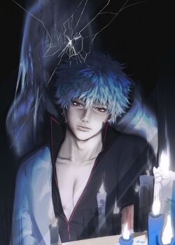 2boys aostercc0707 black_shirt blue_hair candle closed_mouth collarbone crack cracked_glass fire ghost gintama hadanugi_dousa hair_between_eyes highres horror_(theme) japanese_clothes kimono long_hair looking_at_viewer male_focus mirror multiple_boys open_kimono pectoral_cleavage pectorals popped_collar red_eyes reflection sakata_gintoki shirt short_hair signature solo upper_body white_kimono yoshida_shouyou