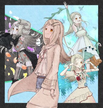 1girl absurdres arm_up belt black_border black_overskirt black_shirt blonde_hair blue_shorts blush border braid breasts brown_belt brown_robe camisole closed_mouth collarbone colored_eyelashes contrast_(idolmaster) corsage crown_braid daresuku denim denim_shorts detached_sleeves dress earrings faux_traditional_media feet_out_of_frame flipped_hair floral_print flower from_side gakuen_idolmaster gradient_hair green_flower green_sleeves grey_hair grey_shirt grey_shorts grey_sleeves grey_thighhighs hair_ornament hair_ribbon hairclip halter_dress halterneck hand_up hands_up highres idolmaster jewelry koukei_(idolmaster) lace lace-trimmed_shirt lace_trim long_hair long_sleeves looking_at_viewer midriff_peek multicolored_hair multiple_views one_eye_closed open_clothes open_mouth open_robe orange_eyes parallel_hairclips parted_bangs peeking_through_fingers red_flower red_ribbon ribbon ribbon_braid robe rope_belt shinosawa_hiro shirt shorts single_braid single_detached_sleeve single_sleeve small_breasts smile standing stud_earrings sunfaded_(idolmaster) sweat thighhighs white_camisole white_dress white_robe wide_sleeves wind wind_lift x_hair_ornament