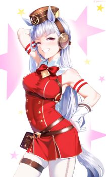 1girl absurdres animal_ears arm_up armband armpits bare_shoulders belt_pouch blunt_bangs blush bow bowtie breasts brown_hat dress ear_bow ear_ribbon gloves gold_ship_(red_strife)_(umamusume) gold_ship_(umamusume) grey_hair hat highres horse_ears horse_girl horse_tail large_breasts leggings long_hair looking_at_viewer open_mouth pantyhose pillbox_hat pouch purple_bow purple_eyes red_armband red_dress sleeveless sleeveless_dress smile solo star_(symbol) striped_armband striped_clothes tail teeth thigh_strap umamusume white_armband white_gloves white_leggings white_pantyhose yoomix