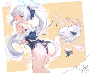!? +_+ 1girl animal ass assisted_exposure blue_archive blue_halo blue_one-piece_swimsuit blush casual_one-piece_swimsuit commentary_request frilled_one-piece_swimsuit frills halo highres imagining long_hair meliach miyako_(blue_archive) miyako_(swimsuit)_(blue_archive) off-shoulder_one-piece_swimsuit off_shoulder official_alternate_costume one-piece_swimsuit open_mouth ponytail purple_eyes pyonko_(blue_archive) rabbit simple_background solo speech_bubble swimsuit teeth thought_bubble torn_clothes torn_swimsuit upper_teeth_only very_long_hair white_hair yellow_background