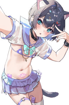 1boy animal_ears bikini bikini_top_only blush bow cat_boy cat_ears cat_tail collar condom condom_wrapper condom_wrapper_in_clothes crossdressing crossdressing_(mtf) earrings frilled_thigh_strap groin hair_ornament highres jewelry looking_at_viewer male_focus micro_bikini_top miniskirt nail_polish navel original paw_print pubic_tattoo purple_skirt sailor_collar sex_toy short_sleeves simple_background single_thighhigh skirt solo star_(symbol) star_hair_ornament swimsuit tail tattoo thigh_strap thighhighs trap vibrator vibrator_in_thighhighs white_background white_thighhighs yoruhachi