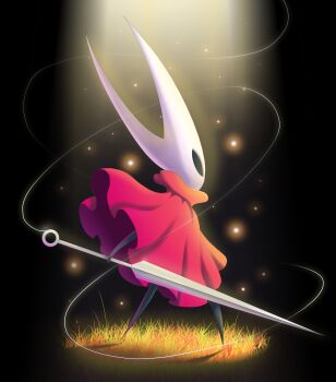 absurdres arthropod_girl black_background cloak commentary english_commentary flower from_behind grass highres holding holding_needle hollow_knight hollow_knight:_silksong hornet_(hollow_knight) horns needle red_cloak simple_background sparks spider_lily stage_lights string ultimatemaverickx