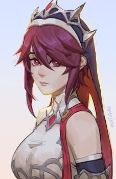 Rule 34 | 1girl, absurdres, artist name, bare shoulders, breasts, bright pupils, closed mouth, commentary, english commentary, genshin impact, gradient background, grey background, hair between eyes, highres, large breasts, lips, looking at viewer, m4rjinn, nose, nun, portrait, purple eyes, purple hair, rosaria (genshin impact), shirt, sidelocks, solo, white pupils