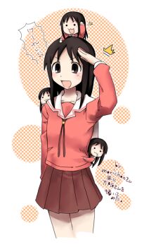 Rule 34 | 4girls, :3, :d, ^^^, arm at side, azumanga daioh's school uniform, azumanga daiou, blush, breasts, brown eyes, brown hair, checkered background, circle, climbing, commentary, cropped legs, drooling, gift art, hand up, kasuga ayumu, kitaya, light blush, long sleeves, looking afar, looking ahead, medium hair, mini person, minigirl, multiple girls, multiple persona, neck ribbon, nyoro~n, on head, on shoulder, open mouth, orange background, parody, pink shirt, red ribbon, red skirt, ribbon, sailor collar, salute, school uniform, second-party source, shirt, skirt, small breasts, smile, solid circle eyes, solo focus, standing, style parody, translated, two-tone background, v-shaped eyebrows, white background, white sailor collar, winter uniform