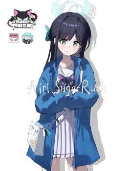 Rule 34 | 1girl, absurdres, airi (band) (blue archive), airi (blue archive), alternate hair color, animal print, black hair, blue archive, blue jacket, blush, bow, cat print, character name, closed mouth, cowboy shot, crossed arms, drop shadow, english text, green bow, green eyes, green halo, hair bow, hair intakes, half updo, halo, highres, jacket, long hair, long sleeves, looking at viewer, medium skirt, official alternate costume, official alternate hairstyle, open clothes, open jacket, pleated skirt, print shirt, shirt, skirt, smile, solo, split mouth, straight hair, white shirt, white skirt, xiaoxiaoyifan