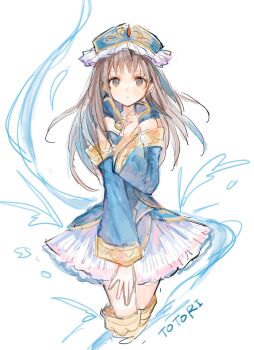 Rule 34 | 1girl, atelier (series), atelier meruru, blue hat, blue shirt, blue sleeves, brown eyes, brown hair, character name, commentary request, cowboy shot, cropped legs, detached hood, detached sleeves, hand up, hat, highres, le21day, long hair, looking at viewer, shirt, skirt, solo, standing, totooria helmold, white background, white skirt