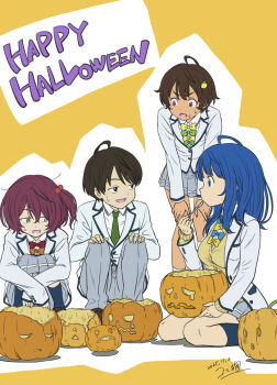 Rule 34 | black hair, blazer, blue hair, bow, bowtie, brown hair, cardigan, green bow, green bowtie, green necktie, halloween, highres, holding, holding pumpkin, holding spoon, jack-o'-lantern, jacket, koma inu (komainu mainu), komari chika, make heroine ga oo sugiru!, necktie, nukumizu kazuhiko, orange bow, orange bowtie, pumpkin, red bow, red bowtie, red hair, school uniform, spoon, tsuwabuki high school uniform, yakishio lemon, yanami anna, yellow background, yellow bow, yellow bowtie, yellow cardigan