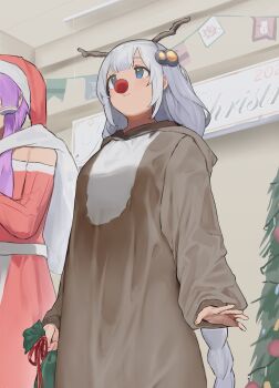 Rule 34 | 2girls, animal costume, bare shoulders, blue eyes, braid, breasts, christmas ornaments, christmas tree, closed mouth, commentary request, dress, fake antlers, fake nose, grey hair, hair ornament, hat, highres, holding, hood, hood down, indoors, kizuna akari, long hair, long sleeves, medium breasts, multiple girls, pocche-ex, puffy long sleeves, puffy sleeves, purple hair, red dress, red hat, red nose, reindeer costume, sack, santa costume, santa hat, smile, solo focus, string of flags, very long hair, vocaloid, voiceroid, yuzuki yukari
