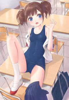 1girl bag blue_eyes blue_one-piece_swimsuit blue_skirt breasts brown_hair classroom collared_shirt desk dktaka dress_shirt highres medium_hair old_school_swimsuit one-piece_swimsuit open_clothes original pleated_skirt school_bag school_desk school_swimsuit shirt shoes skirt small_breasts socks solo swimsuit uwabaki white_shirt white_socks