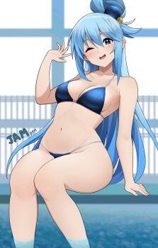 1girl ;d alternate_costume aqua_(konosuba) arm_support artist_name bare_legs bikini blue_bikini blue_eyes blue_hair breasts collarbone commentary_request hair_rings halterneck highres jampen kono_subarashii_sekai_ni_shukufuku_wo! long_hair looking_at_viewer medium_breasts navel one_eye_closed open_mouth pool poolside single_hair_ring sitting smile solo stomach string_bikini swimsuit very_long_hair