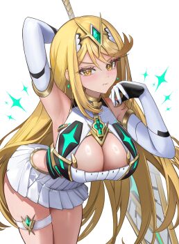 1girl absurdres adversarial_noise aegis_sword_(xenoblade) armpits bent_over blonde_hair breasts chest_jewel cleavage cleavage_cutout clothing_cutout commentary core_crystal_(xenoblade) cowboy_shot dress elbow_gloves gloves highres holding holding_sword holding_weapon jyn_jyn large_breasts long_hair mythra_(xenoblade) simple_background solo sword tiara weapon white_background white_dress white_gloves xenoblade_chronicles_(series) xenoblade_chronicles_2 yellow_eyes