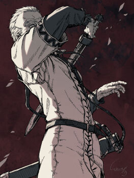 1boy askeladd belt commentary_request dated greyscale_with_colored_background highres holding holding_sword holding_weapon jacket layered_sleeves long_sleeves looking_at_viewer male_focus sheath shirube_akashi short_hair short_over_long_sleeves short_sleeves signature solo sword unsheathed upper_body vinland_saga weapon