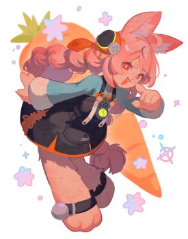 1girl ahoge animal_ear_fluff animal_ear_piercing animal_ears animal_feet anklet braid braided_twintails bright_pupils carrot commentary english_commentary from_side full_body furry furry_female green_shirt highres jewelry leaning_forward long_hair looking_at_viewer mararu open_mouth pink_fur pink_hair rabbit_ears rabbit_girl red_eyes screw shirt short_eyebrows solo star_(symbol) thick_eyebrows white_background white_pupils zenless_zone_zero zhao_(zenless_zone_zero)