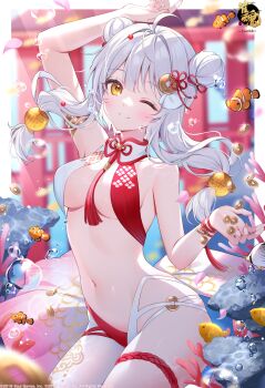1girl absurdres ahoge air_bubble amaki_ruto arm_up bare_shoulders blurry blurry_background breasts bubble closed_mouth commentary_request double_bun fu_ji grey_hair hair_bun hair_ornament highres long_hair looking_at_viewer mahjong_soul nude official_art one_eye_closed pantyhose second-party_source single_leg_pantyhose smile solo stomach white_pantyhose yellow_eyes