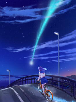 1girl absurdres bicycle black_shoes blue_sailor_collar blue_skirt bridge city_lights cloud commentary_request from_behind full_body highres horizon kneehighs lamppost long_hair meteor miniskirt night night_sky ocean original outdoors pleated_skirt ponytail purple_hair riding riding_bicycle sailor_collar santo_moco scenery school_uniform serafuku shirt shoes short_sleeves sidewalk skirt sky sky_focus socks solo star_(sky) starry_sky summer_uniform white_shirt white_socks