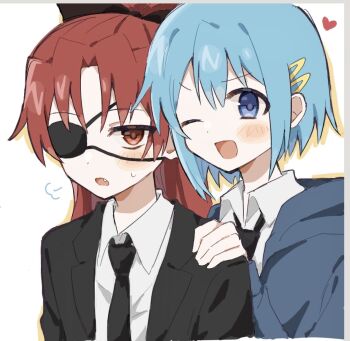Rule 34 | black necktie, black suit, blue hair, blue jacket, blush, commentary request, eyepatch, fang, formal clothes, hair ornament, hairclip, hand on another's shoulder, heart, high collar, highres, jacket, long hair, long sleeves, looking at viewer, mahou shoujo madoka magica, miki sayaka, necktie, one eye closed, one eye covered, open mouth, parallel hairclips, puff of air, red eyes, red hair, sakura kyoko, shirt, short hair, simple background, suit, sweatdrop, upper body, white background, white shirt, yoshida (ftw08y)