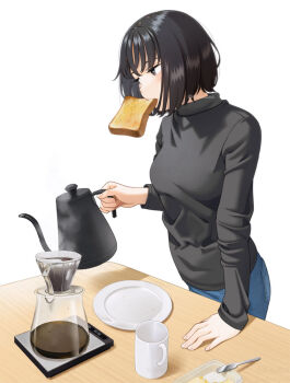 1girl arm_rest black_hair black_sweater bread bread_slice breasts butter butter_knife coffee coffee_dripper coffee_filter coffee_pot cup denim food food_in_mouth gooseneck_kettle grey_eyes holding holding_coffee_pot jeans knife long_sleeves mattaku_mousuke medium_breasts mouth_hold mug original pants plate pourover_coffee short_hair simple_background solo sweater table toast toast_in_mouth twitter_username white_background