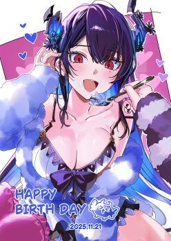 Rule 34 | :d, asymmetrical horns, black hair, blue hair, breasts, cleavage, colored inner hair, commentary, dated, dress, english commentary, feeding, flower, food, food on face, fur jacket, hair between eyes, hand up, happy birthday, heart, heart-shaped pillow, highres, holding, holding spoon, hololive, hololive english, horn flower, horns, jacket, large breasts, long hair, looking at viewer, mole, mole under eye, multicolored hair, nerissa ravencroft, off shoulder, open mouth, pillow, pov, pov hands, purple eyes, shiori novella, sidelocks, slit pupils, smile, spoon, teeth, uneven horns, upper teeth only, very long hair, virtual youtuber, white dress, white jacket, yomosaka