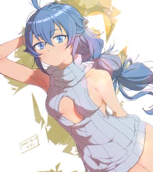 1girl ahoge alternate_costume arm_behind_back armpits bare_shoulders blue_eyes blue_hair braid breasts cleavage_cutout closed_mouth clothing_cutout commentary_request cowboy_shot crossed_bangs dated dress grey_sweater hair_between_eyes hand_up highres kiyo_(a_sam_ko) long_braid long_hair looking_at_viewer mushoku_tensei naked_sweater no_bra ribbed_sweater roxy_migurdia signature sleeveless sleeveless_sweater sleeveless_turtleneck small_breasts solo sweater sweater_dress thigh_gap turtleneck turtleneck_sweater twin_braids virgin_killer_sweater