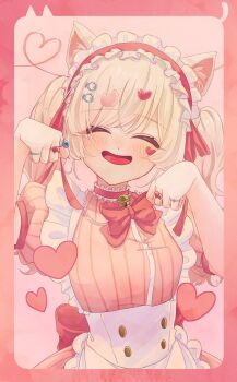 1girl :d ^_^ alternate_costume animal_ear_fluff animal_ears bare_arms bell blonde_hair blush border bow bowtie cat_ears closed_eyes collar commentary enmaided facial_mark facing_viewer frilled_collar frilled_hairband frills gradient_hair hair_ornament hairband hairclip hands_up happy heart heart_facial_mark heart_hair_ornament highres jewelry jingle_bell kedarui_aashii kimi_no_koto_ga_dai_dai_dai_dai_daisuki_na_100-nin_no_kanojo maid mark_under_eye multicolored_hair neck_bell oknomyk open_mouth paw_pose pink_background pink_hair pinstripe_pattern puffy_short_sleeves puffy_sleeves red_border red_bow red_bowtie red_collar ring short_sleeves simple_background smile solo twintails